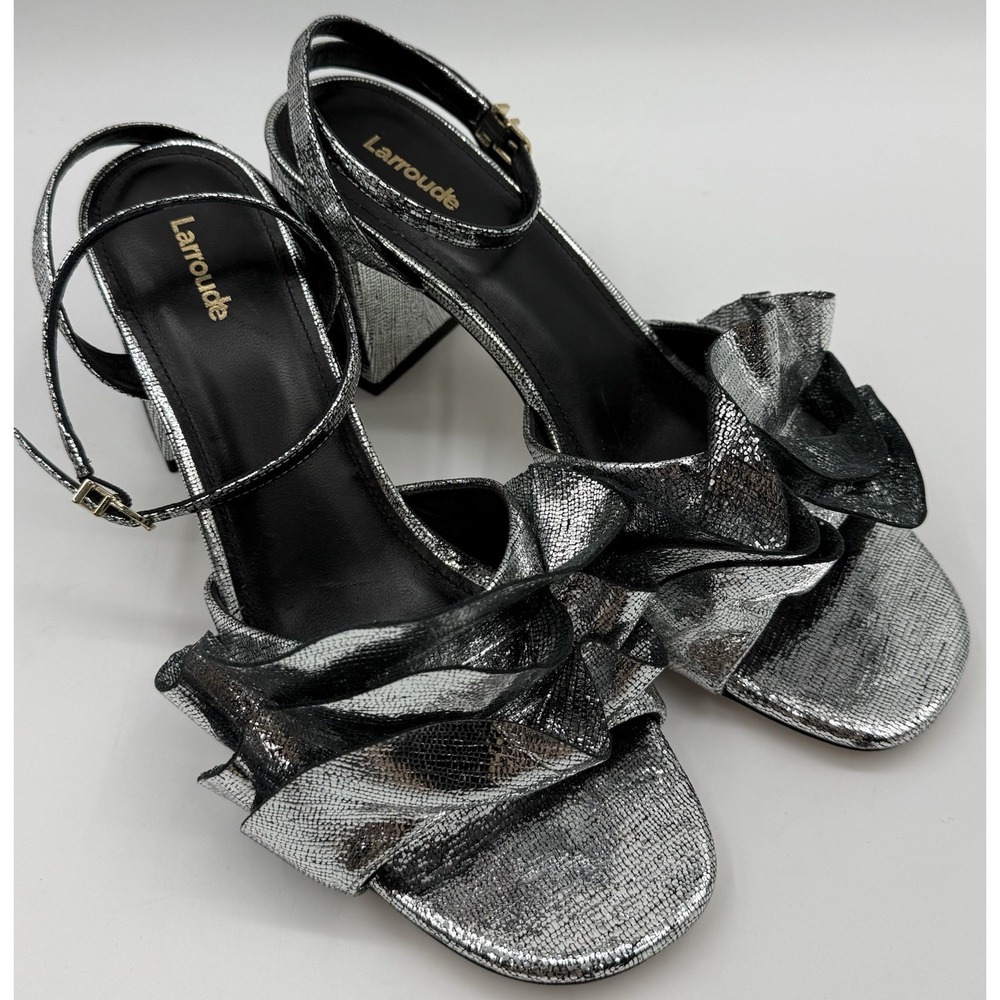 Larroudé Selena Silver metallic Ruffle Ankle Strap Block Heel Leather Sz 11